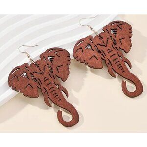 NEW Big Boho Carved Wood Wooden Elephant Dangle Earrings